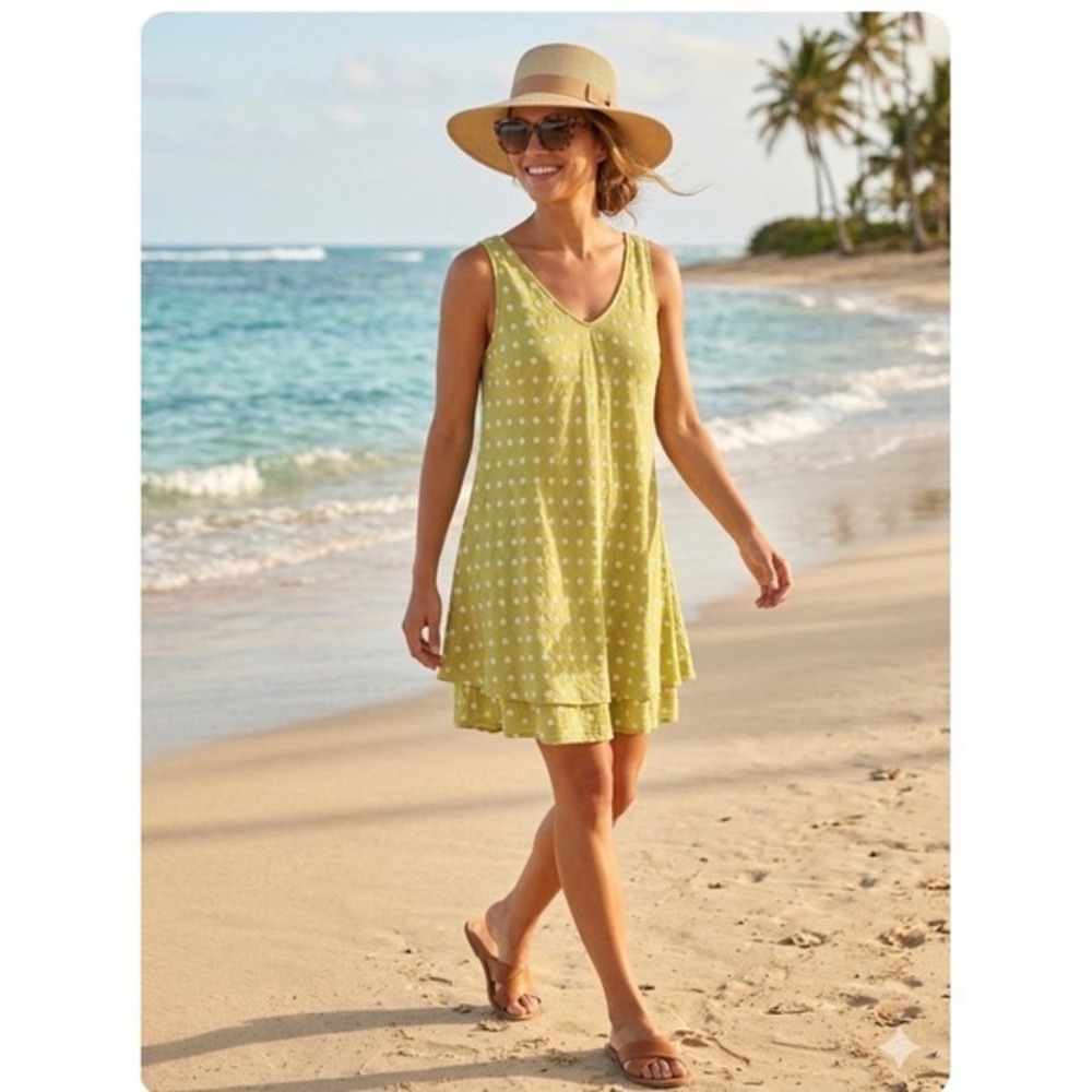 Giuliana Dress Women OS Green Polka Dot Layered Linen Coastal Beach Boho Vacay